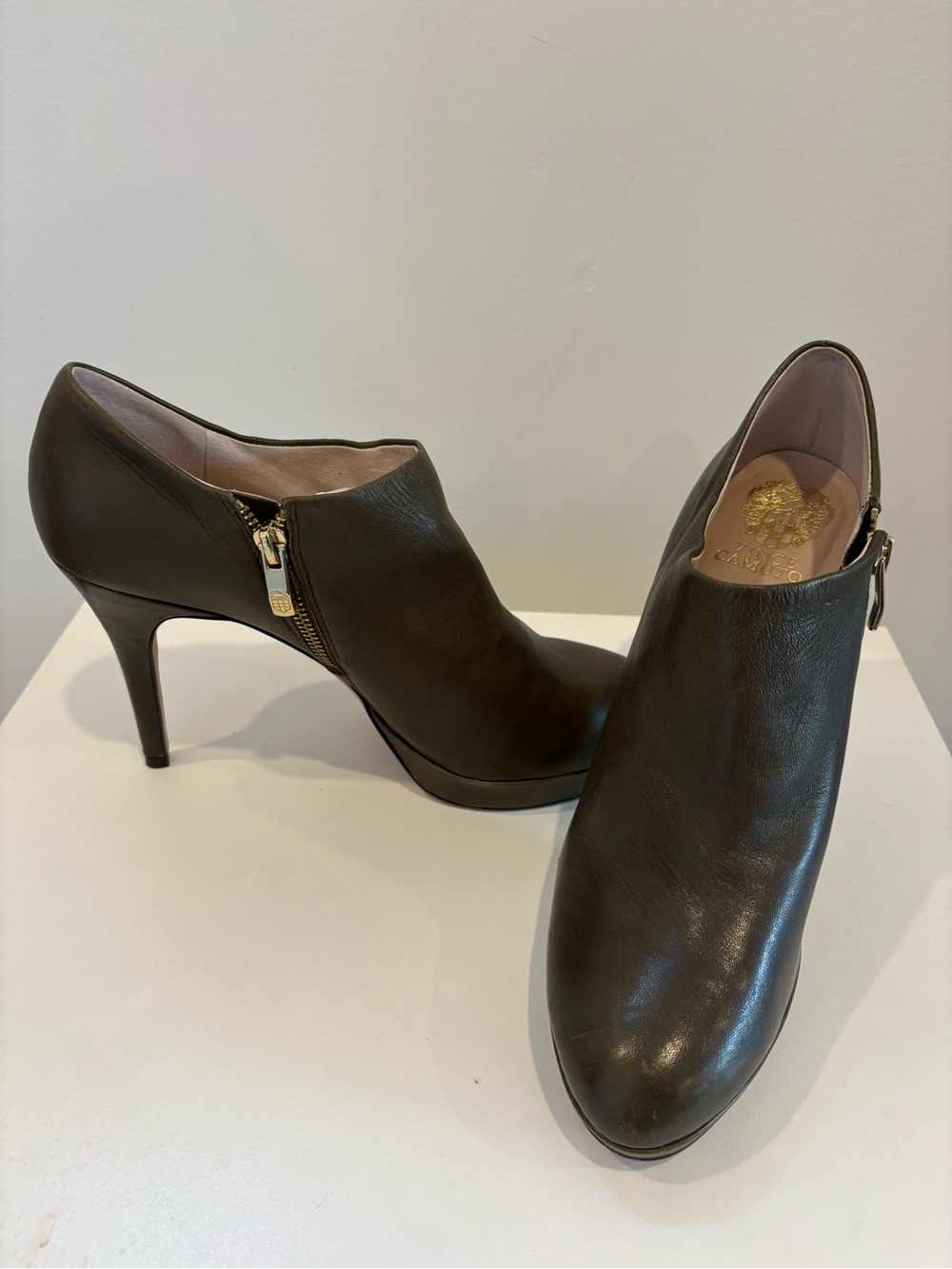Vince Camuto Dark Olive Leather Zip Heeled Ankle Booties